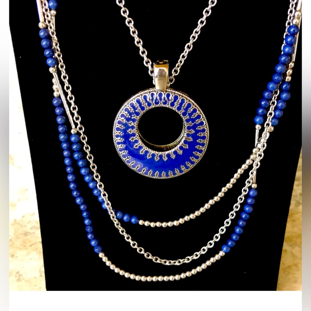 Premier Designs Necklace True Blue Long Silver Tone Multi Chain Blue